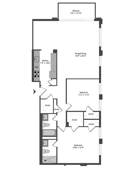 Floor plan for 2 beds, 2 baths, 1143 sqft